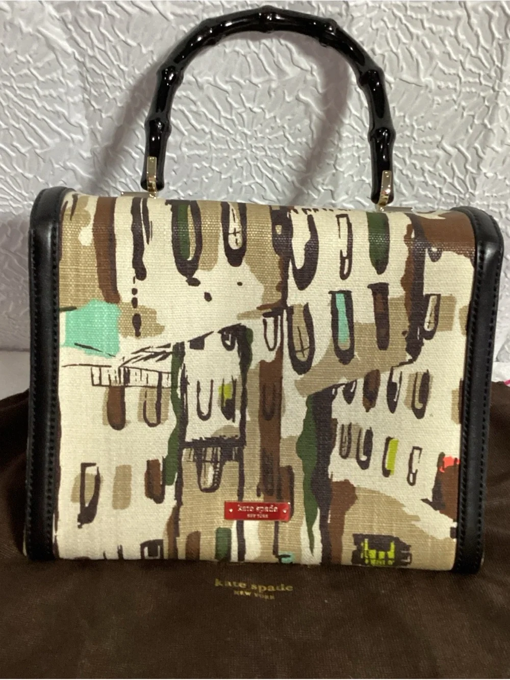 Kate Spade Laguna Ct Penelope Canvas w/ Black Leather & Bamboo Handle NWOT